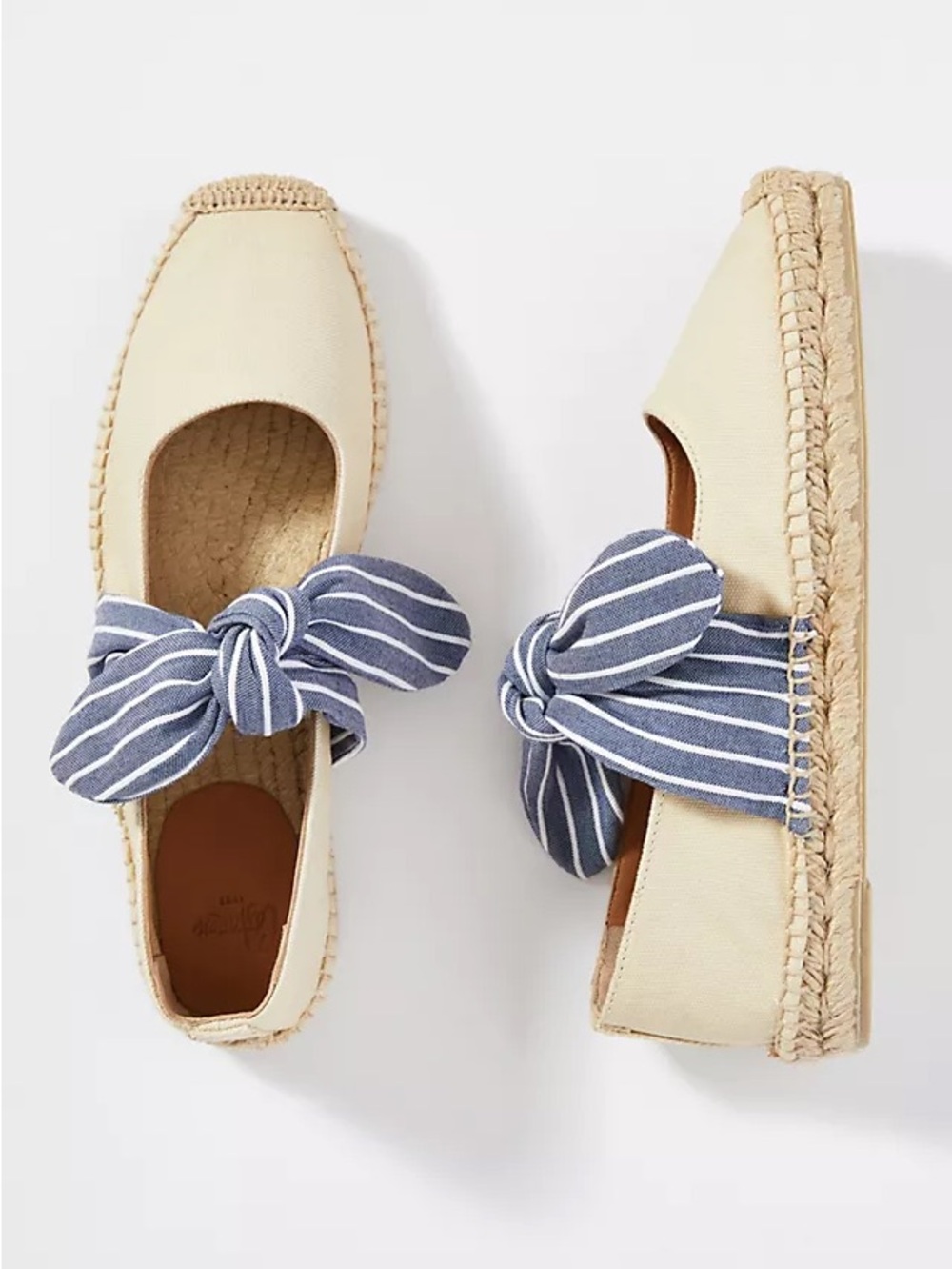 Castaner Pura Canvas Espadrille Flats with Striped Bow - Cream & Blue